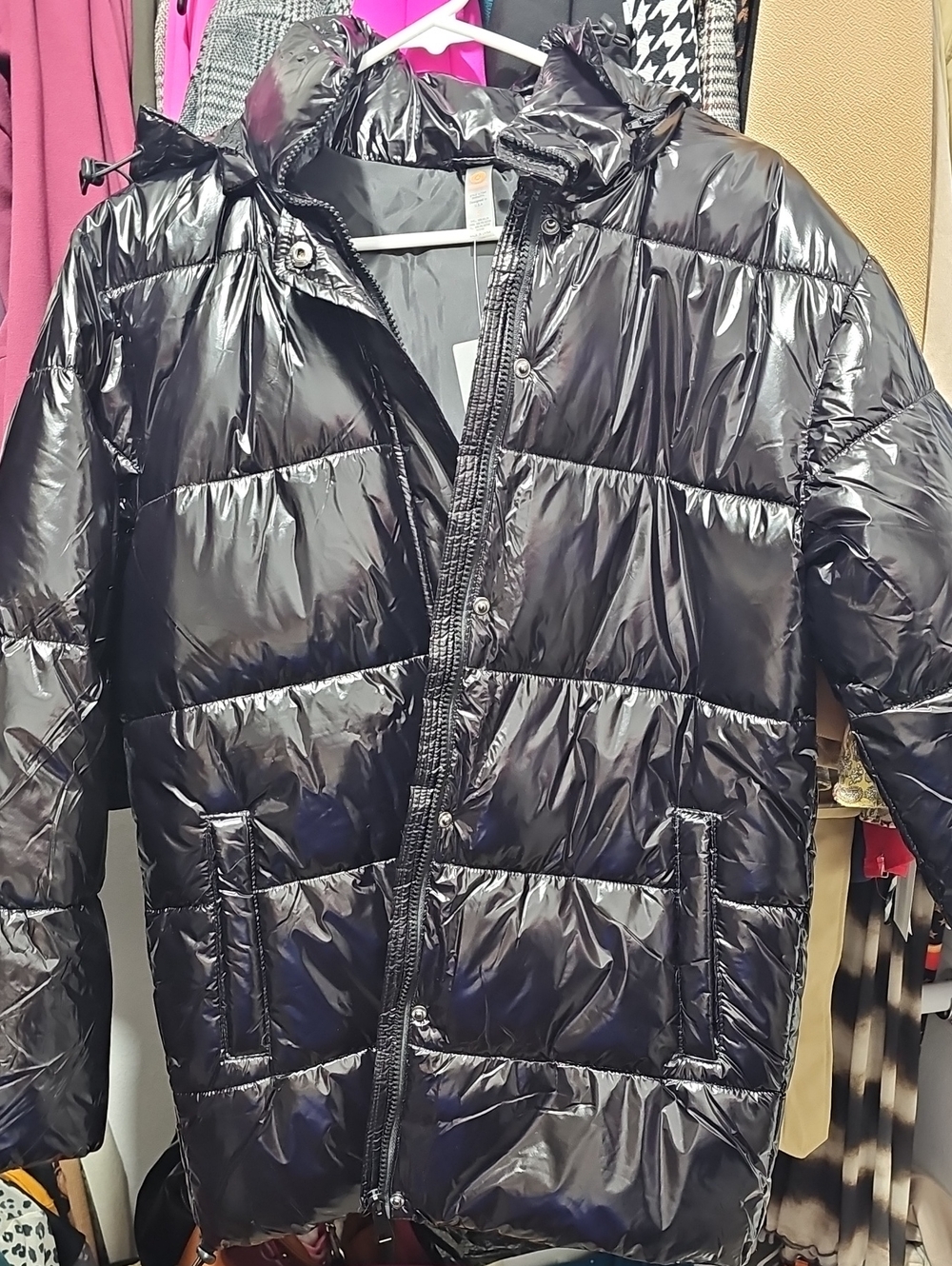 Womens  Black Shiny Puffer Jacket